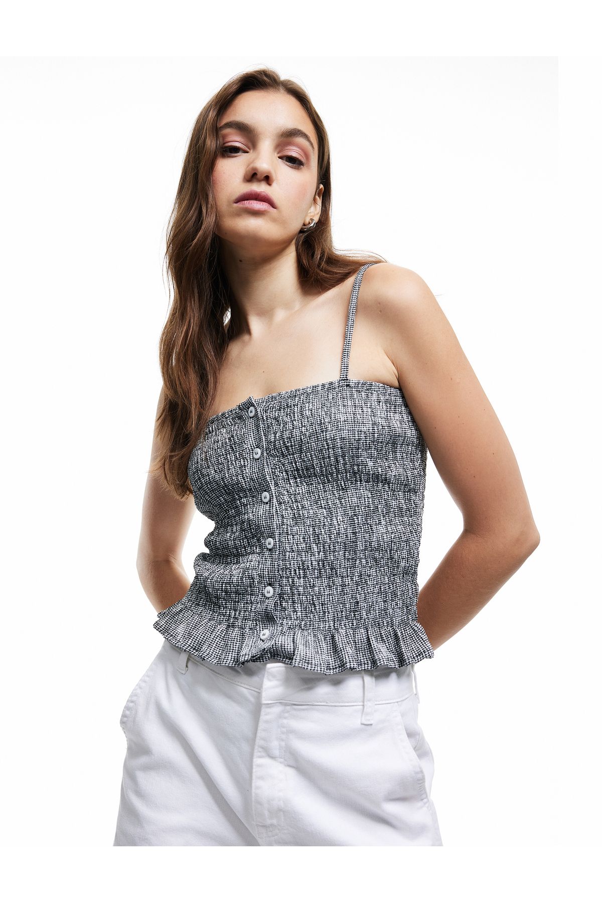 Koton Düğme Detaylı İp Askılı Bürümcük Slim Fit Crop Bluz