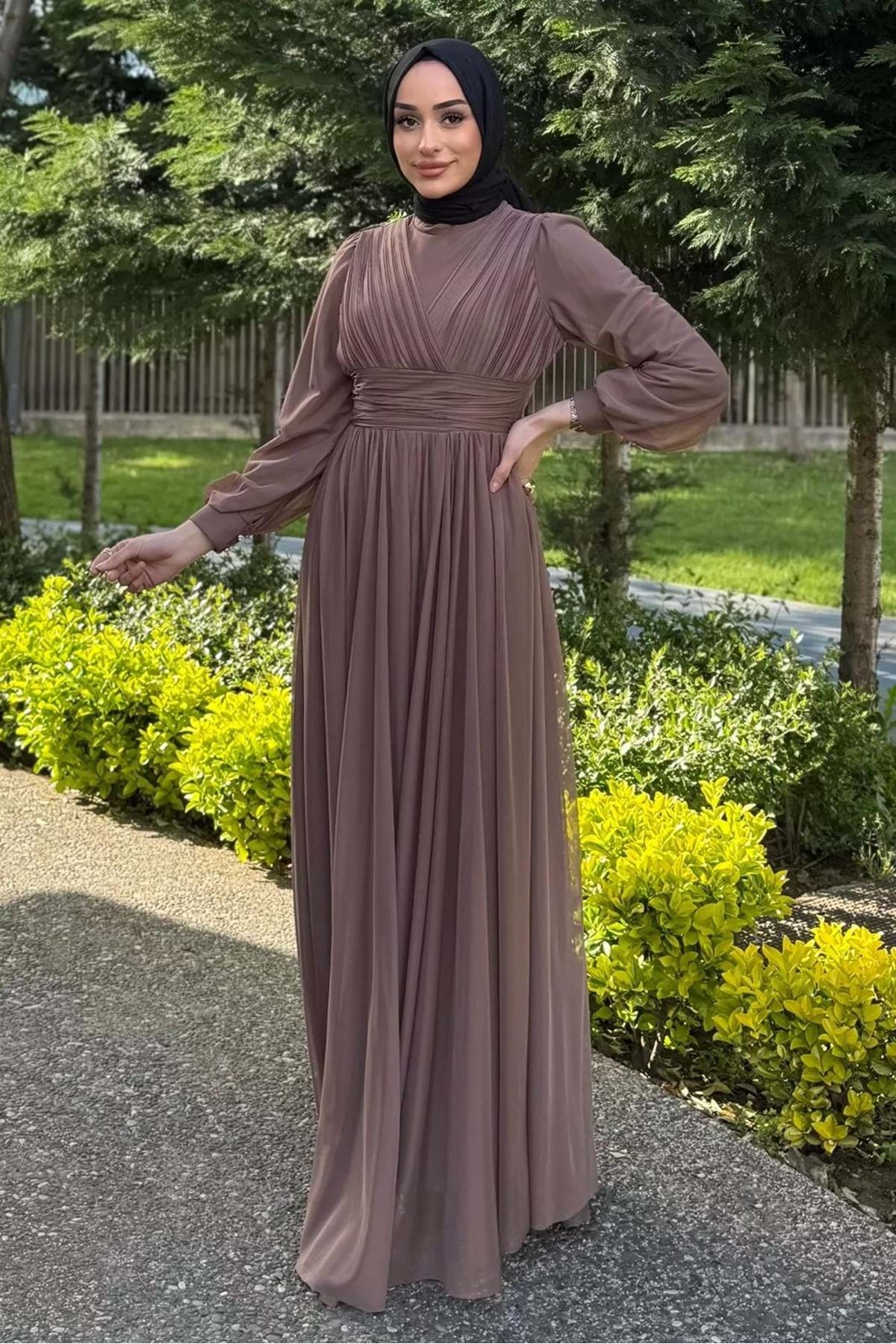 Tane 25Y4632 ELBİSE ABİYE TÜL , BEL KUŞAKLI VİZON