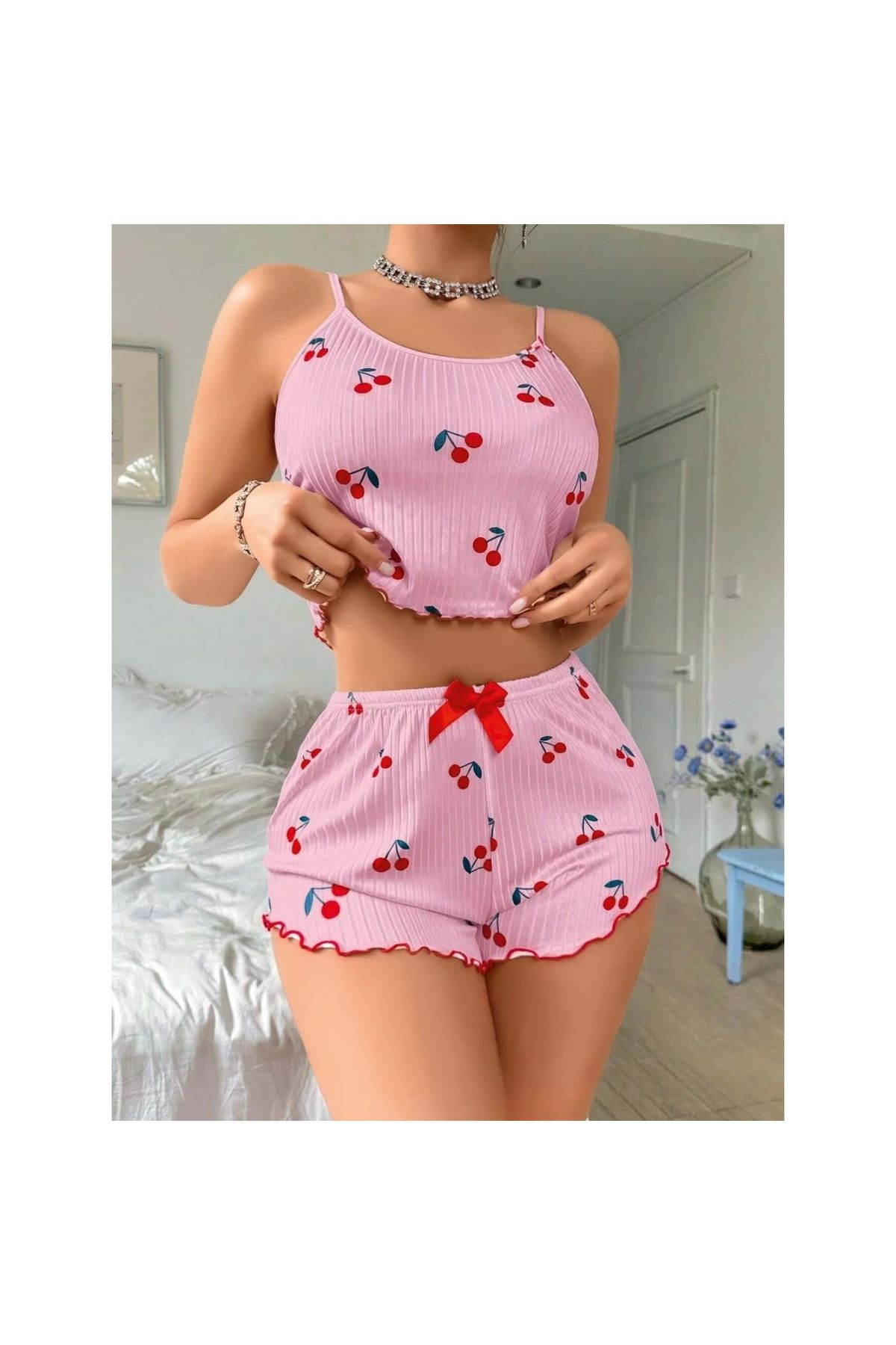 Marsilyan - Pembe Kiraz Desenli Askılı Şortlu Pijama