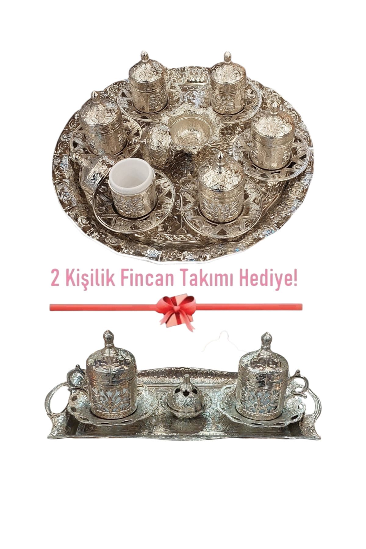 Bakır Center 6 Kişilik Fincan Takımı 6 Kişilik + 2 Kişilik - Bakır Osmanlı Desenli Türk Kahvesi Tepsi Lokumluk