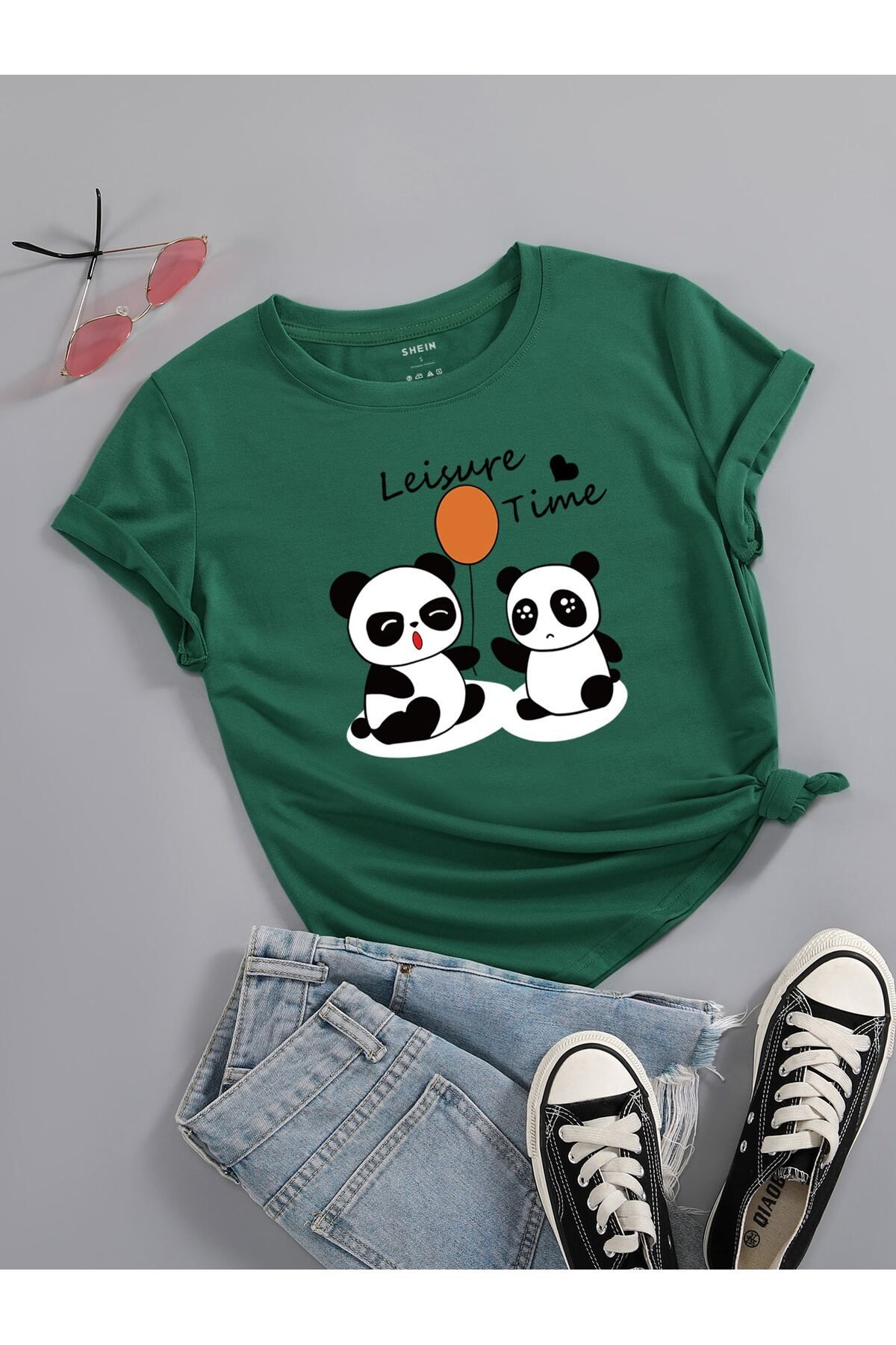 aynewmoda Sheen Ezowear Panda ve Harf Baskılı Pamuklu Tişört, Yumuşak ve Rahat Sanat Tasarım Tişörtü