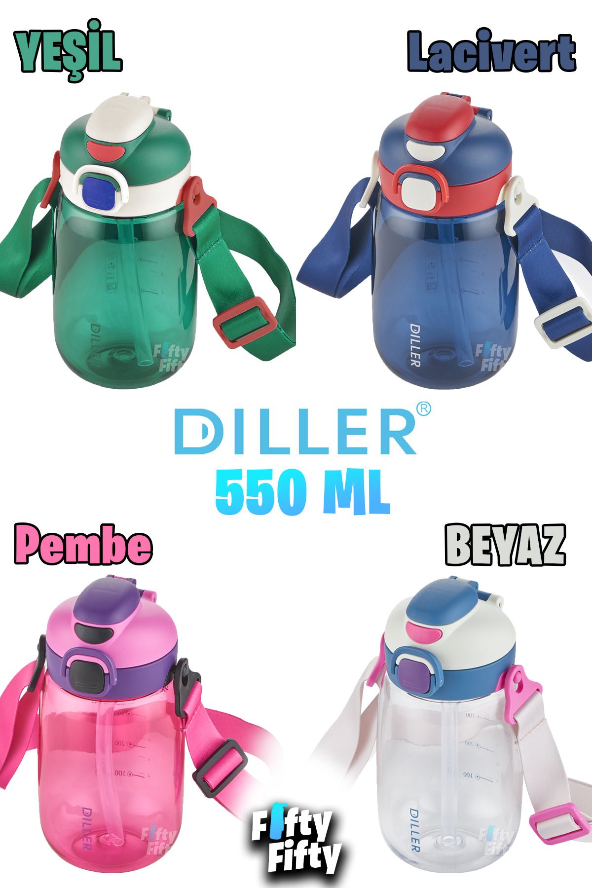 DILLER-550 ml Single Lid Double Use Tritan Water Bottle With/Without Straw Strap-Ffdillerd70-550 5