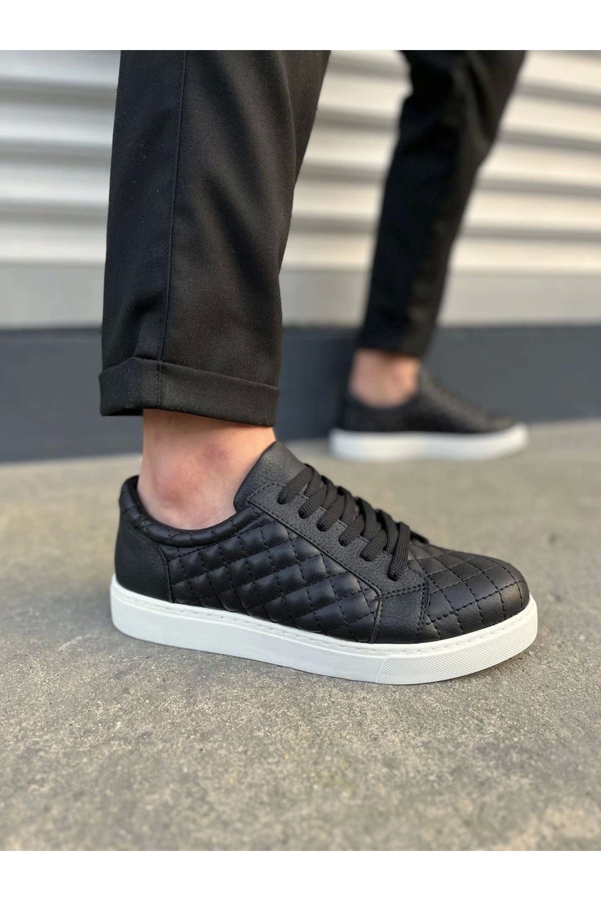 Joy Ayakkabı JY166 Prestige Bağcıklı Cilt Kapitone Desenli Erkek Günlük Sneaker Ayakkabı CBT - Siyah