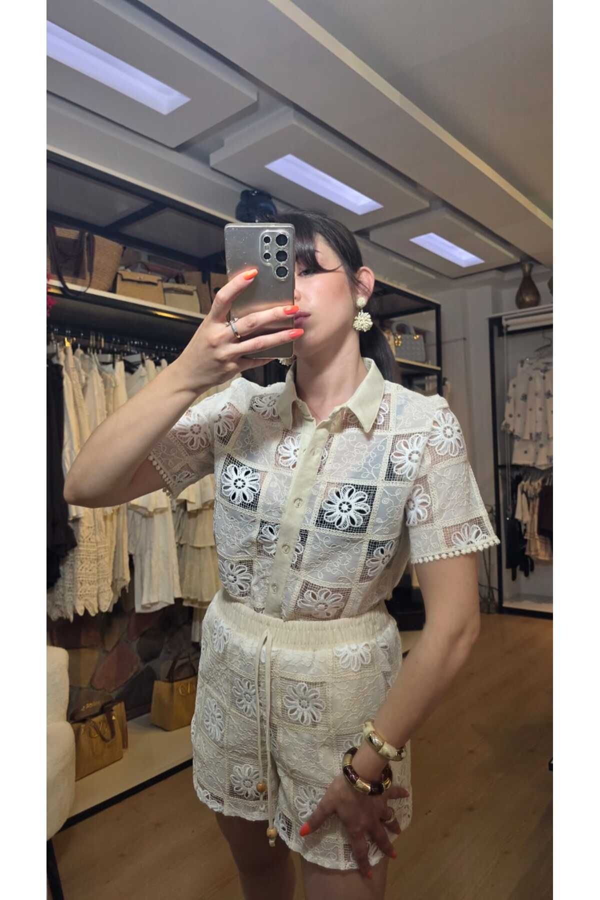 MODA Şort gömlek takım Güpür işlemeli