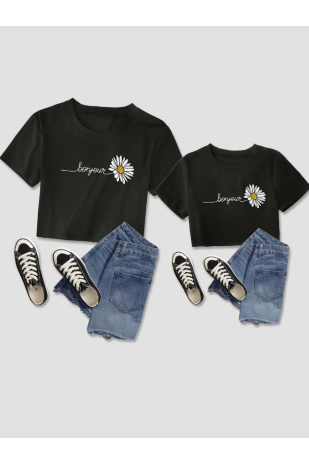 MELADYAN Bonjour Baskılı Anne ve Kız Takım Bisiklet Yaka Crop Tshirt (TEKLİ SATILMAKTADIR)