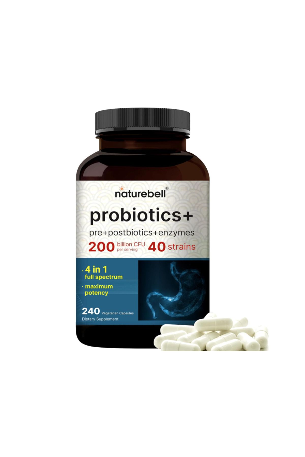 Naturebell , Probiotics 200 Billion Cfu Per Serving 240 Veggie Capsul With Synbiotic Blend Of Digest