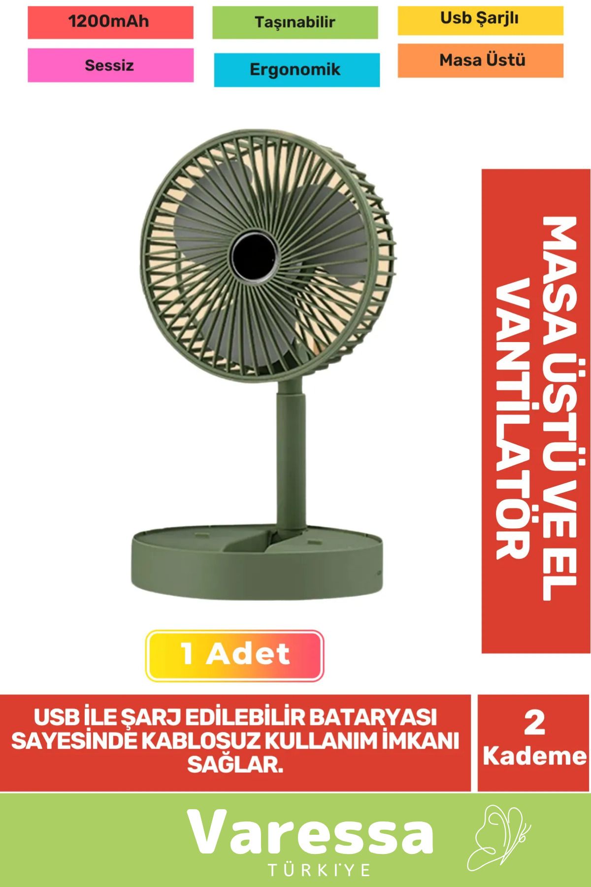 VARESSA Özel Sessiz 3 Kademe Hafif Kablosuz 1200mAh Pervaneli Taşınabilir Usb Şarjlı Masa El Fanı Vantilatör