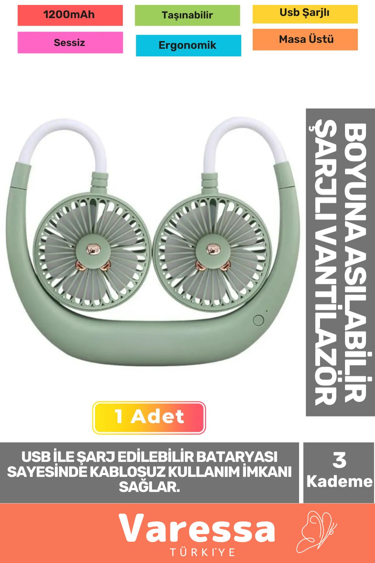 VARESSA Özel Üretim Sessiz Eller Serbest Boyna Asılabilir Şarjlı 3 Kademeli Vantilatör Klima Soğutucu Fan