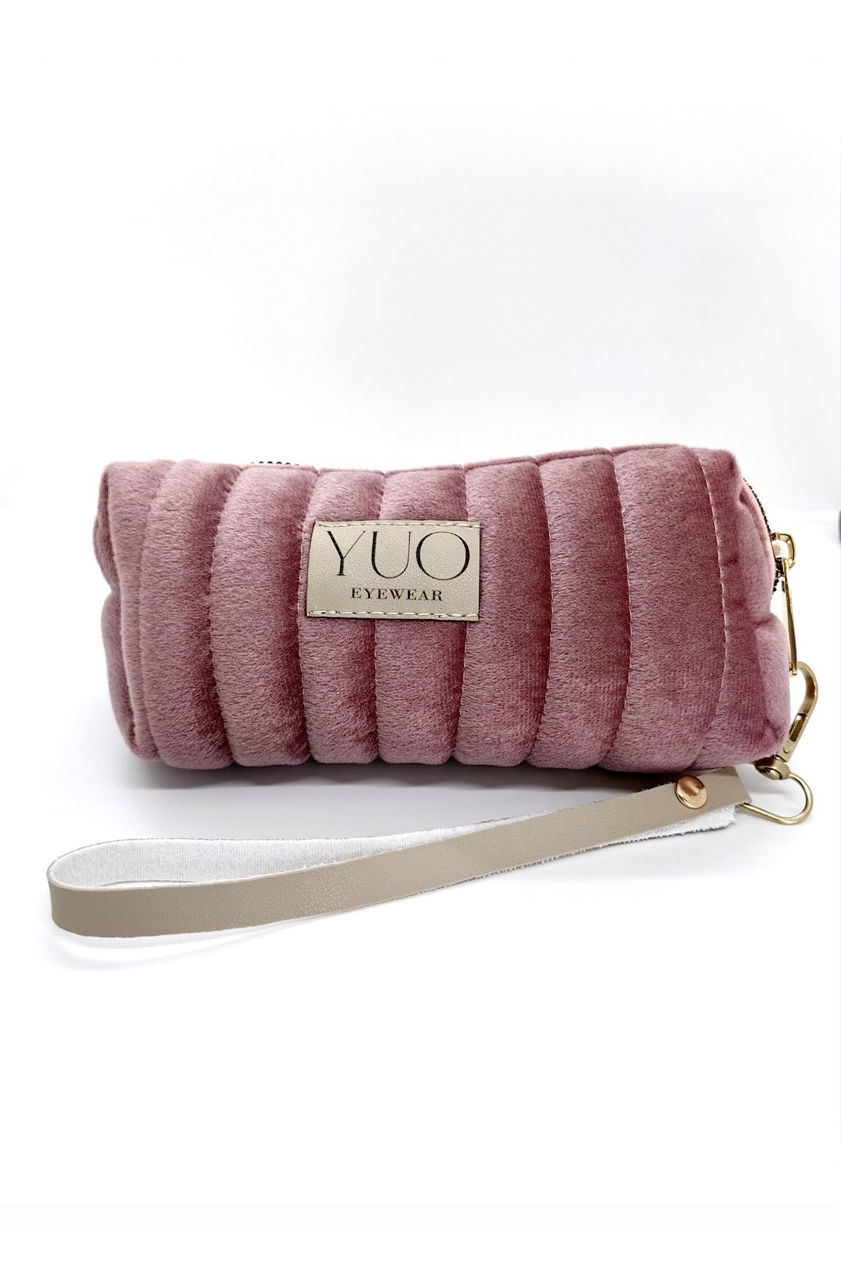 yuoeyewear Yuo Eyewear Kadife Dokulu Şeritli Pudra Lüks Kadın Gözlük & Makyaj Çantası - Bileklik Askılı