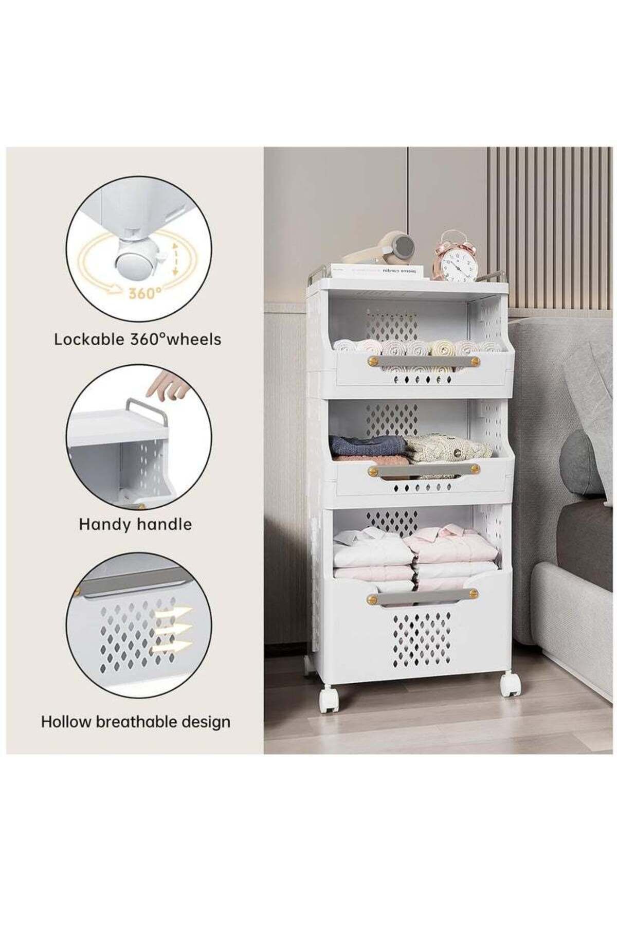 COOYA-3-layer laundry basket,detachable and foldable,multi-partition storage,with handles and wheels,white 2