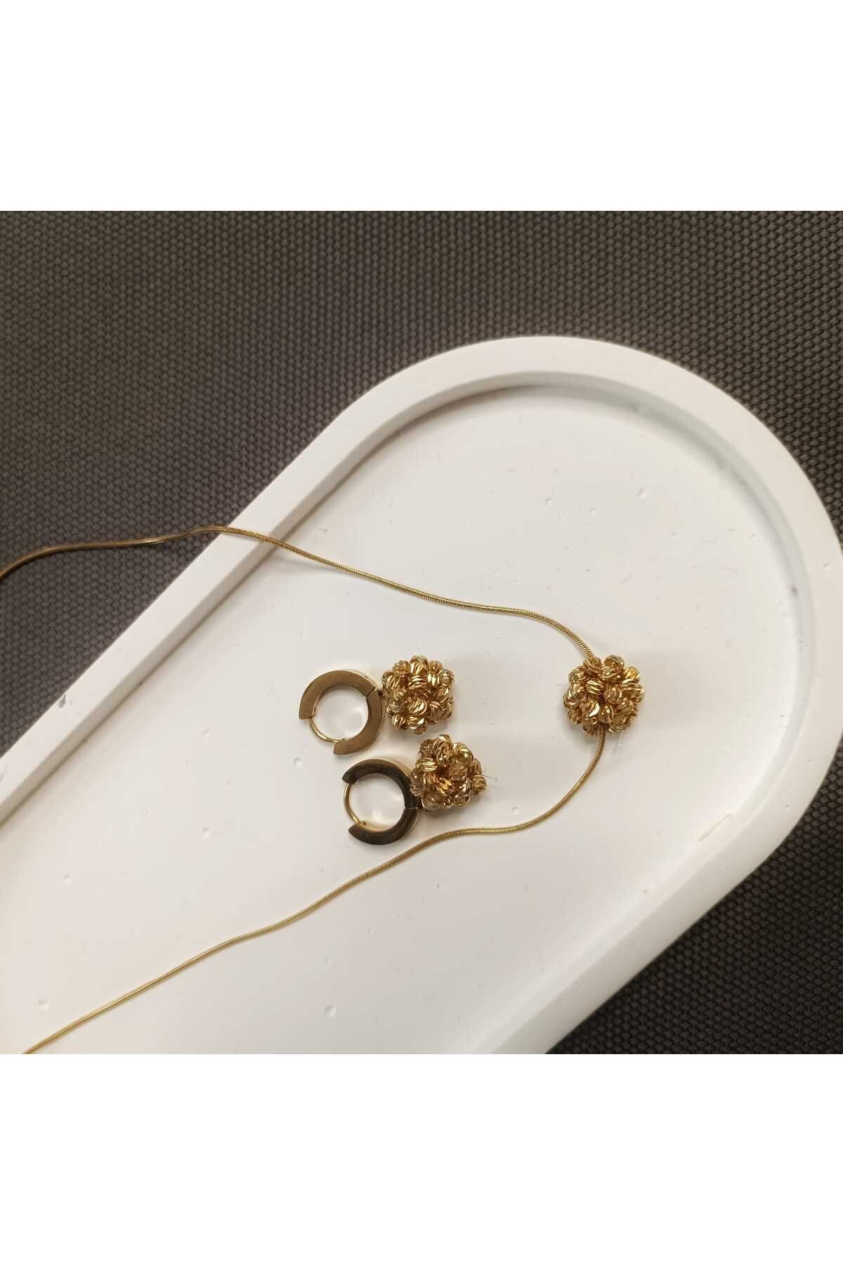 Masal Gurumi HASIR ÖRME TOPAK KOLYE VE KÜPE SETİ 316L ÇELİK GOLD RENK