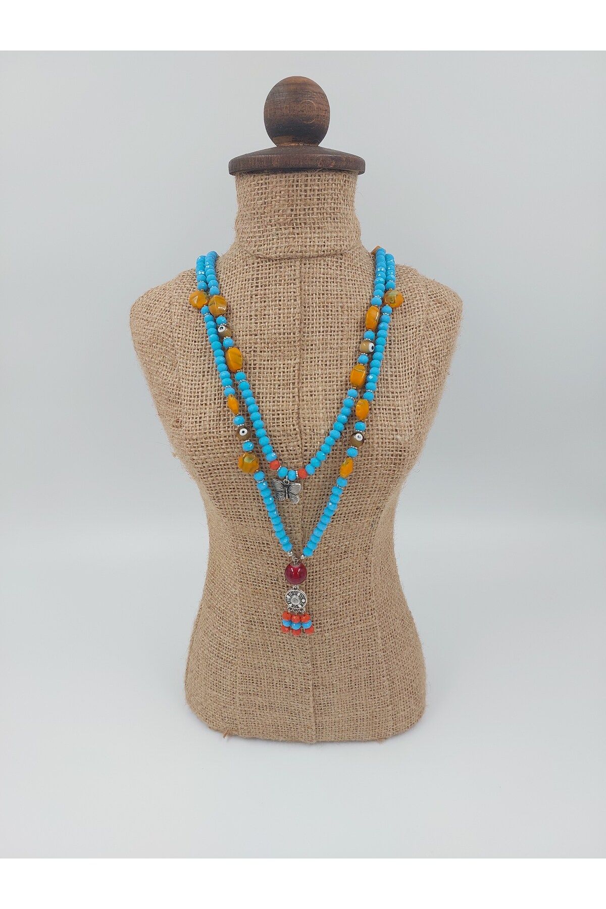 R G Handmade Design Bohem Renkli Çift Sıra Kolye – Turkuaz, Sarı ve Kırmızı Boncuklu, El Yapımı