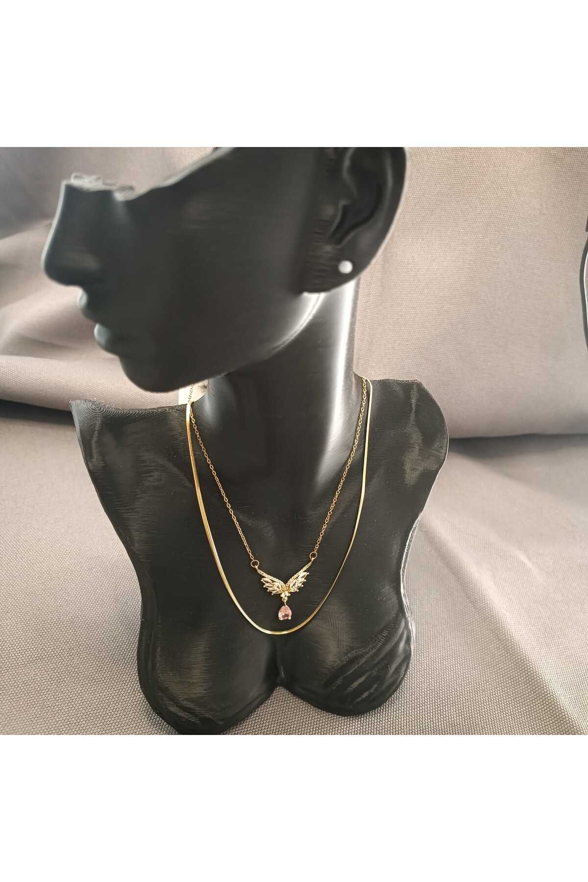 Masal Gurumi MELEK KANADI KOLYE & İTALYAN EZME KOLYE İKİLİ TAKIM 316L ÇELİK GOLD RENK