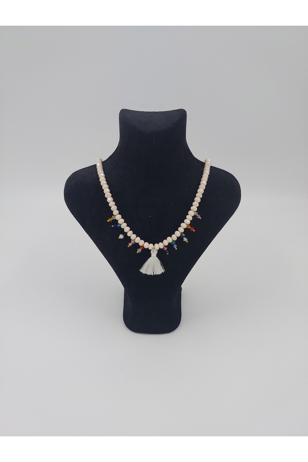 R G Handmade Design Krem Kristal Boncuklu Püskül Detaylı El Yapımı Kolyе