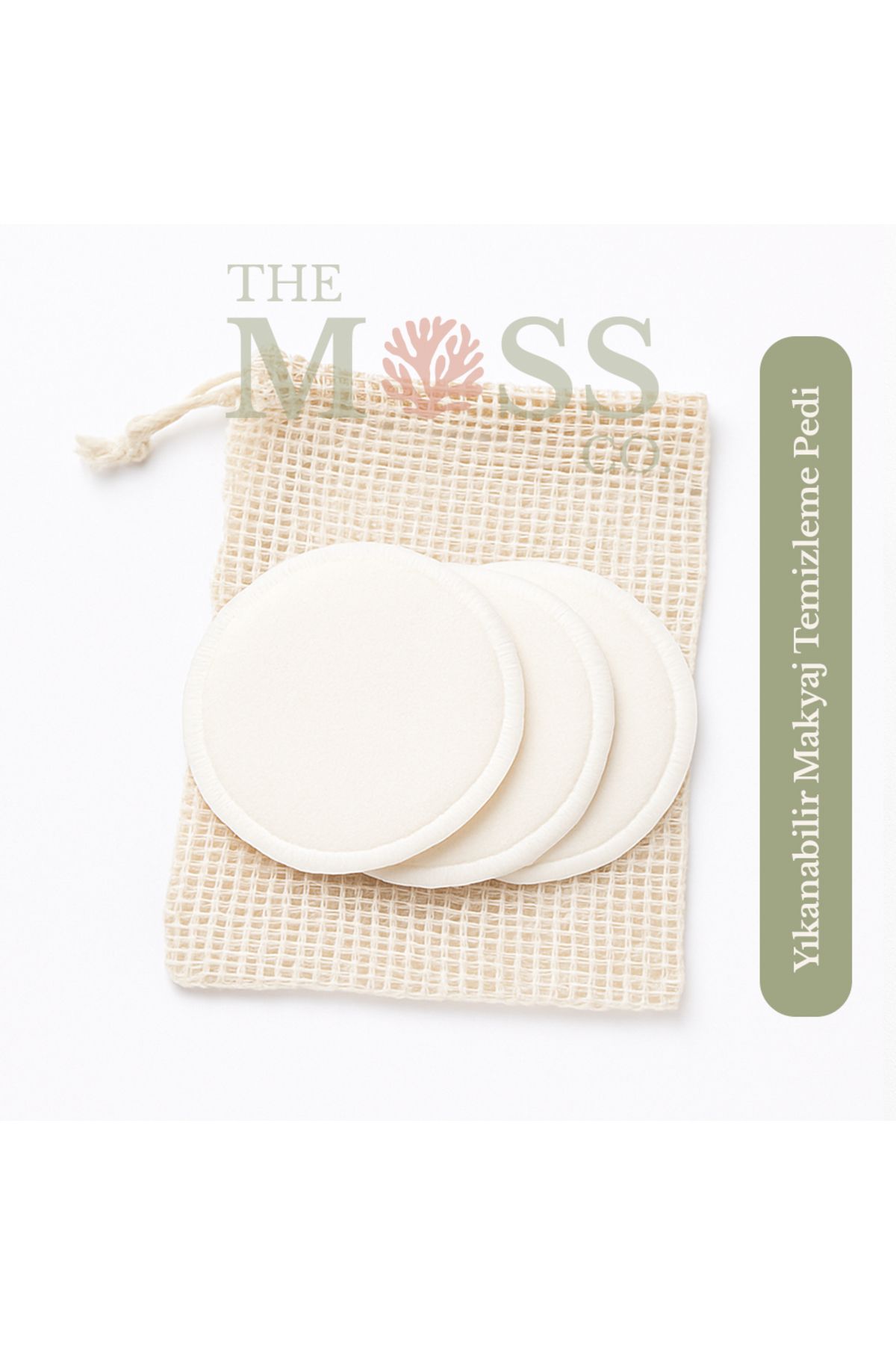 THE MOSS CO. The Moss Co. %100 Pamuk Yıkanabilir Makyaj Temizleme Pedi (3’lü Set + File Kese)
