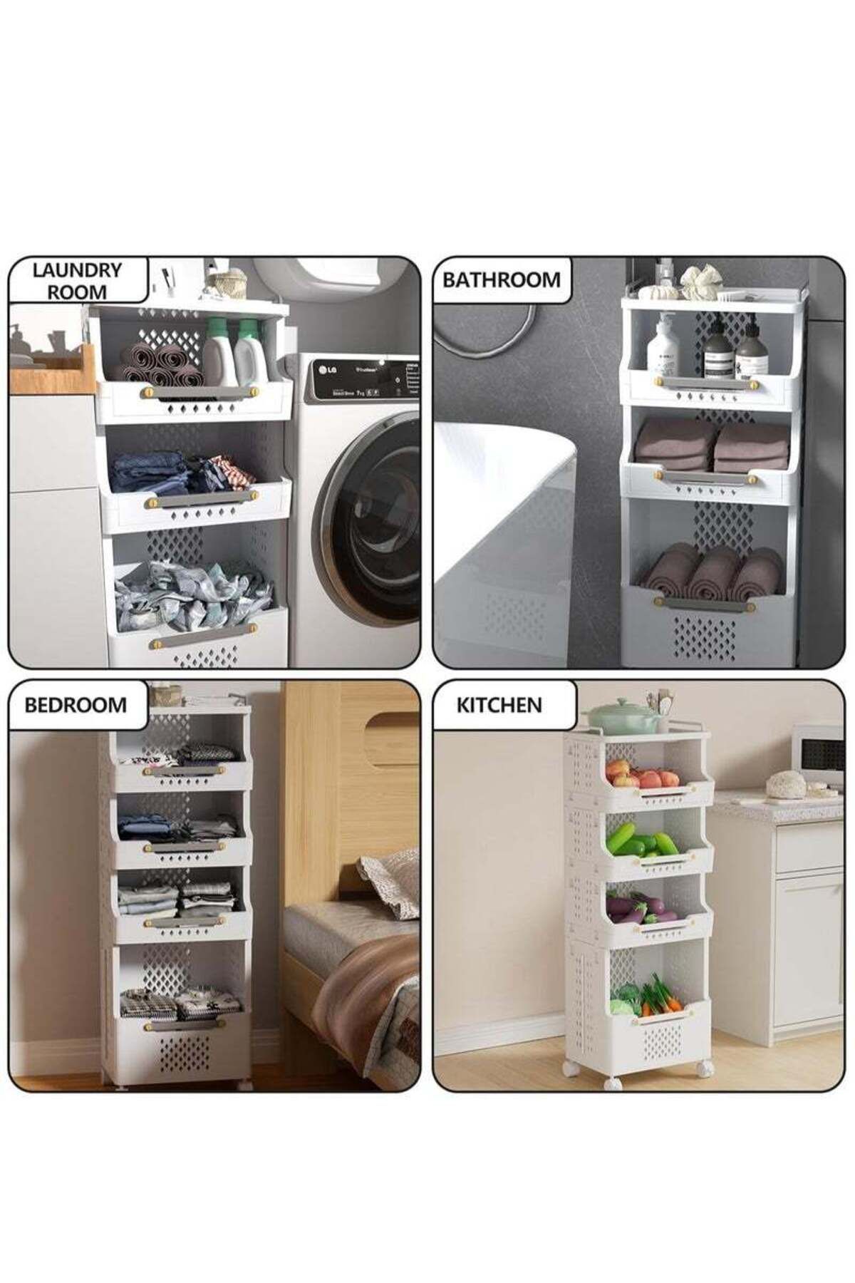 COOYA-3-layer laundry basket,detachable and foldable,multi-partition storage,with handles and wheels,white 6