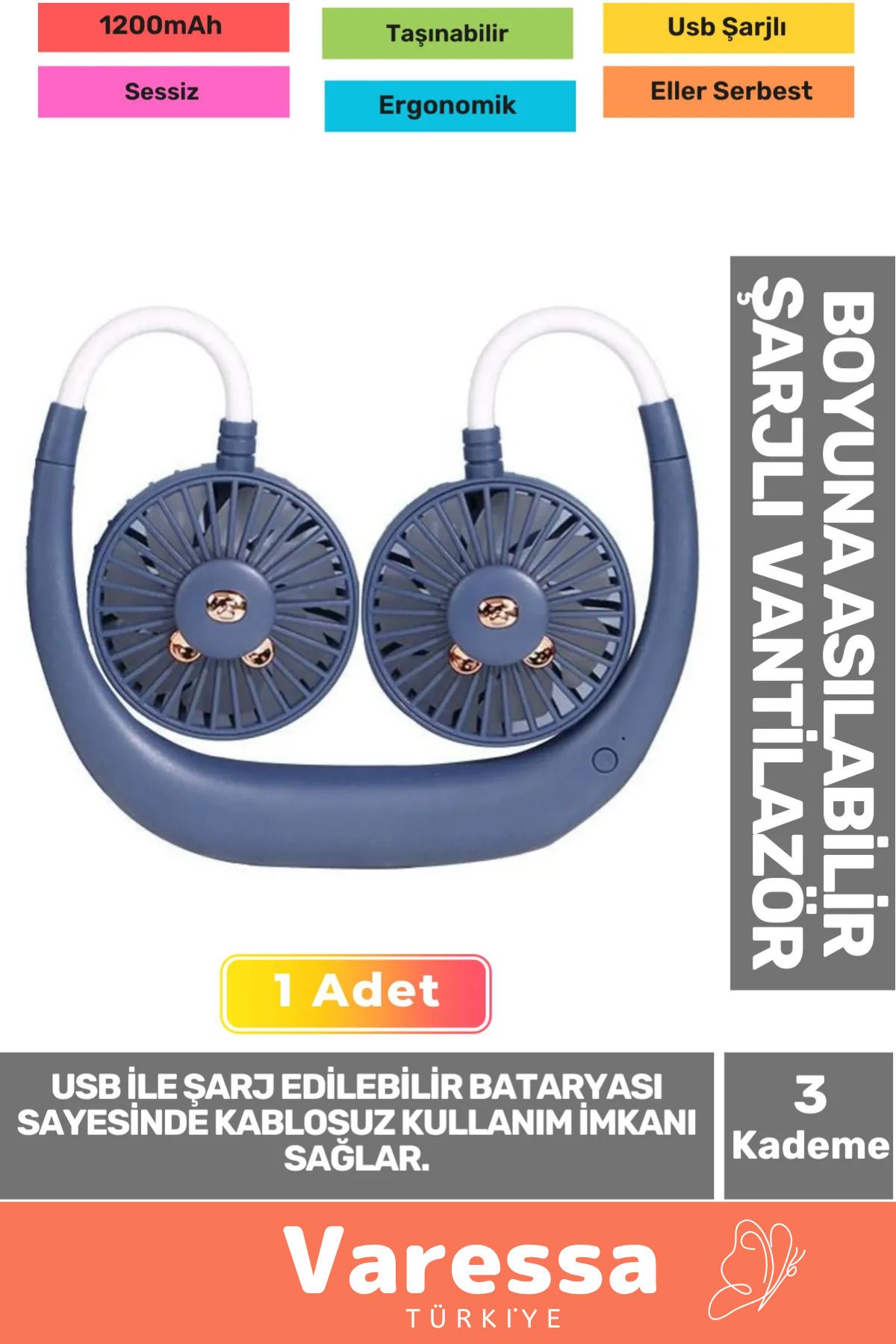 VARESSA Özel Üretim Sessiz Eller Serbest Boyna Asılabilir Şarjlı 3 Kademeli Vantilatör Klima Soğutucu Fan