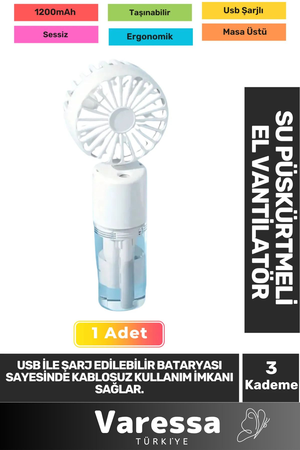 VARESSA Özel Sessiz 3 Kademeli Hafif Kablosuz Su Püskürtmeli Taşınabilir Usb Şarjlı Masa El Fanı Vantilatör