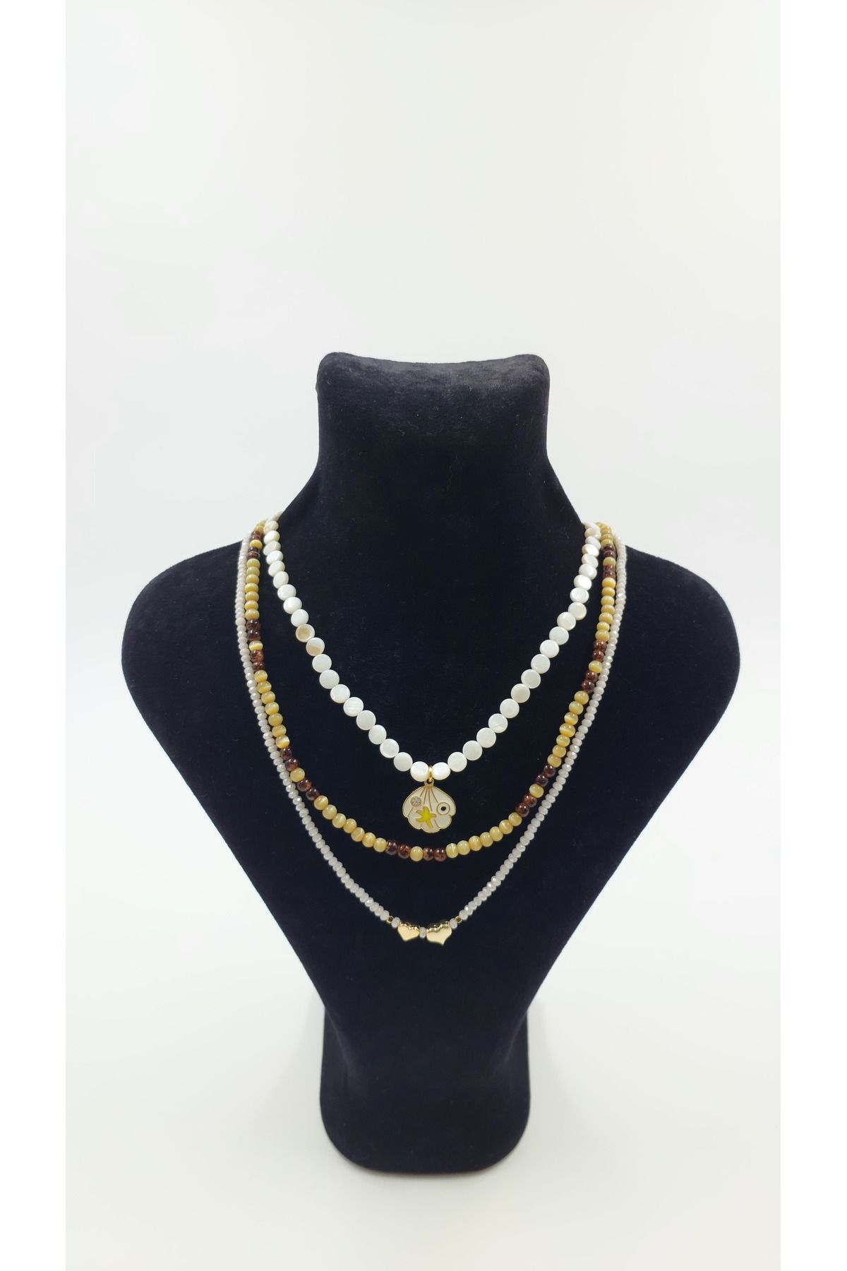 R G Handmade Design Kedi Gözü & & Kristal Kalp Detaylı 3'lü Kolye Seti – El Yapımı