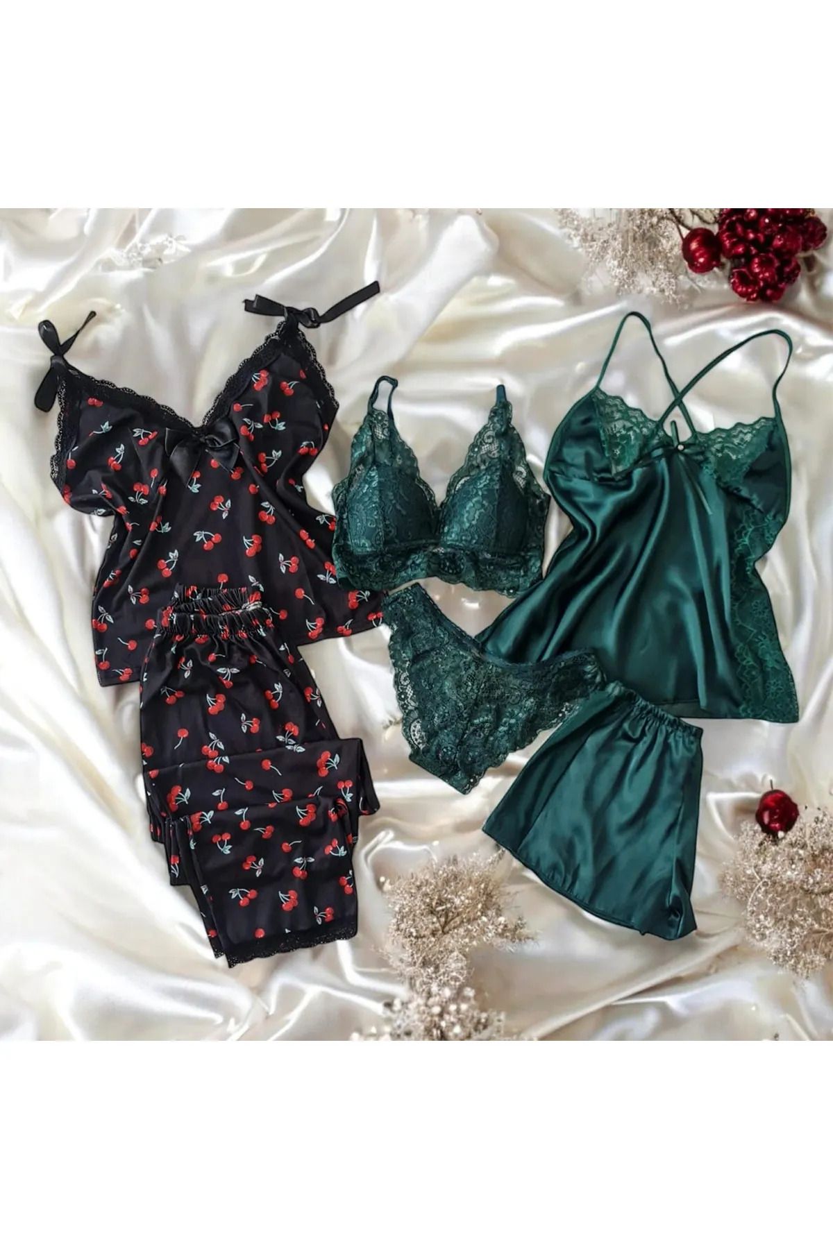 cdh çeyize dair herşey Defne Zümrüt Yeşili Kirazlı Ipek Saten 6 Parça Pijama Seti 6739