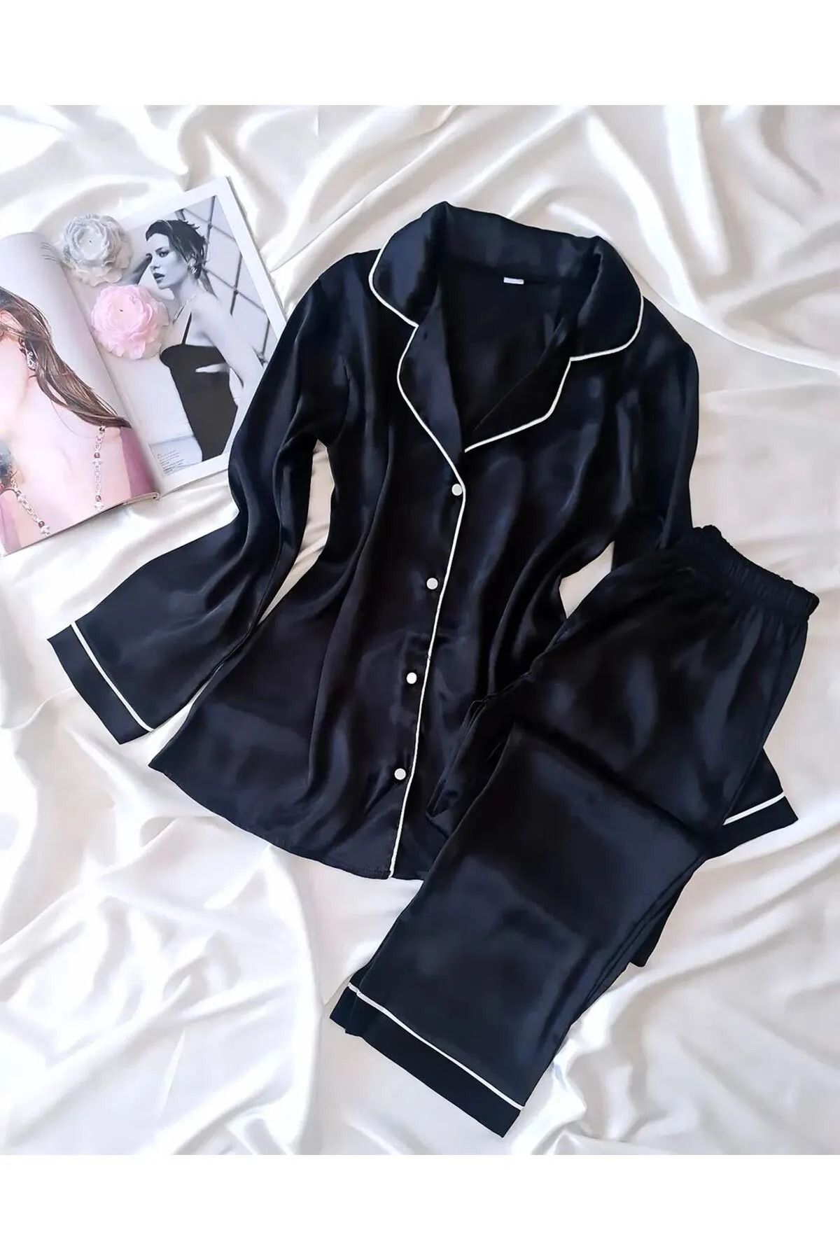 cdh çeyize dair herşey Black Special Edition Önden Düğmeli Saten Pijama Takımı 6728