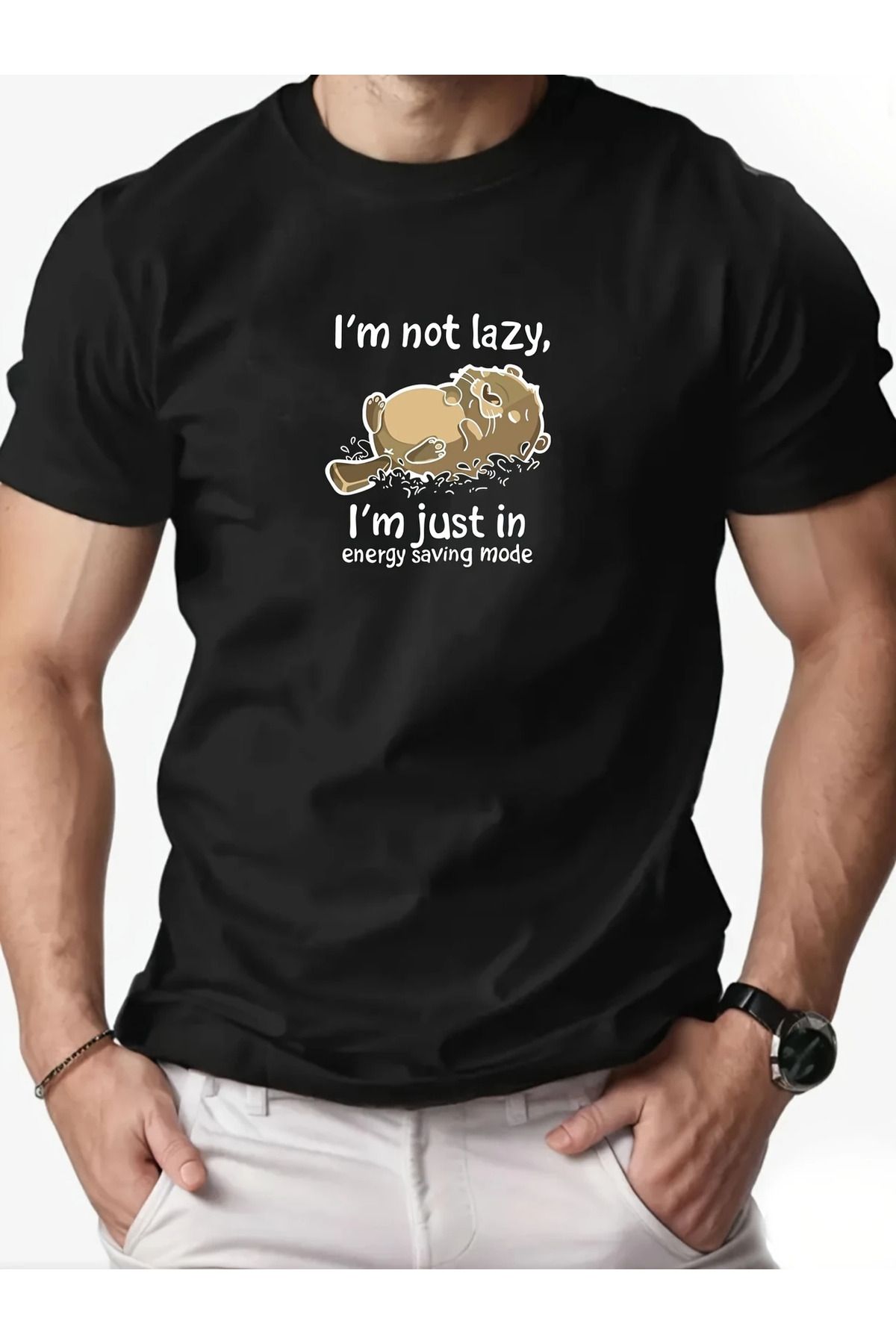 LUNAVISTA Am Not Lazy Baskılı Bisiklet Yaka Kısa Kol T-shirt