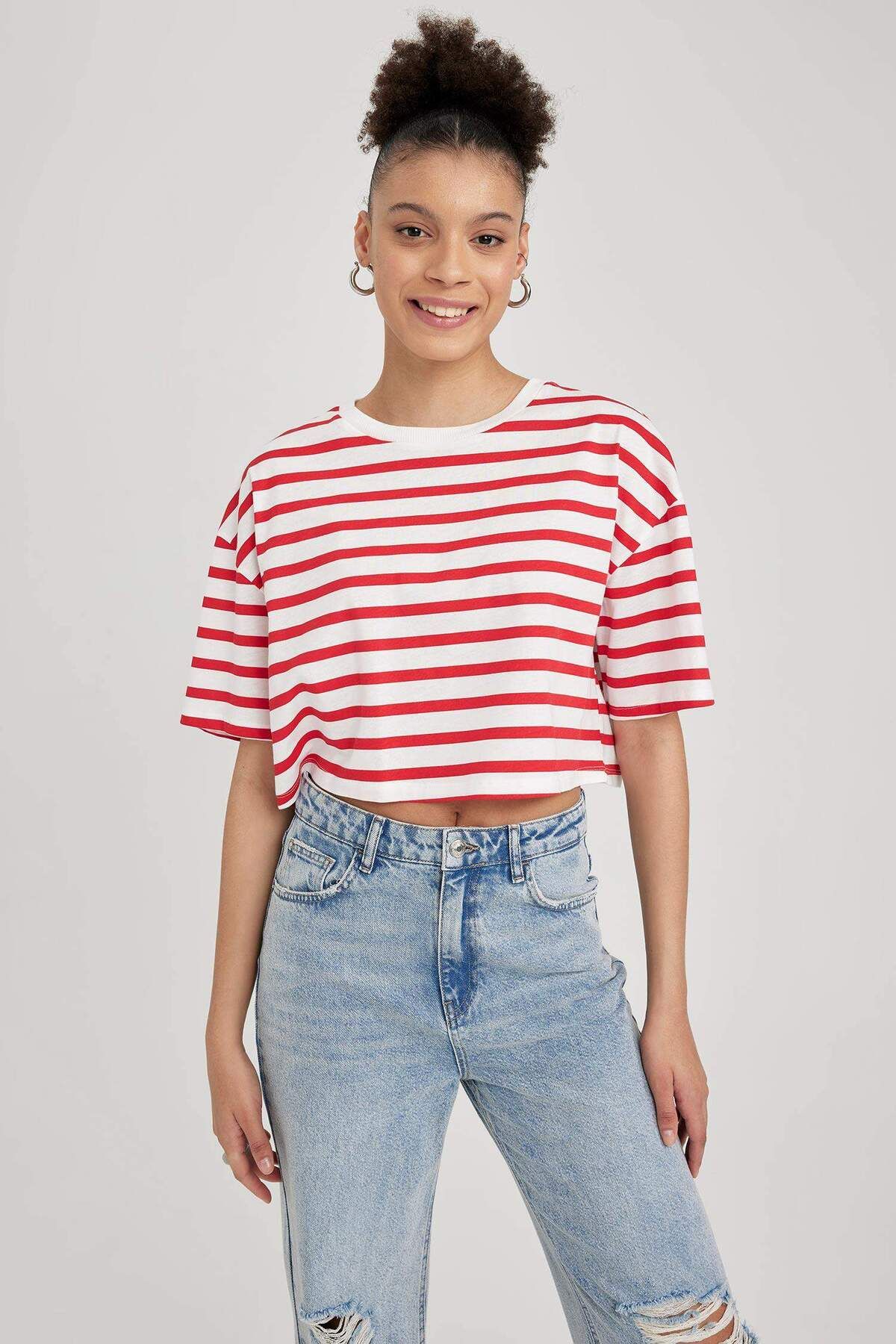 360KSTORE Kadın Kırmızı Çizgili Oversize Crop