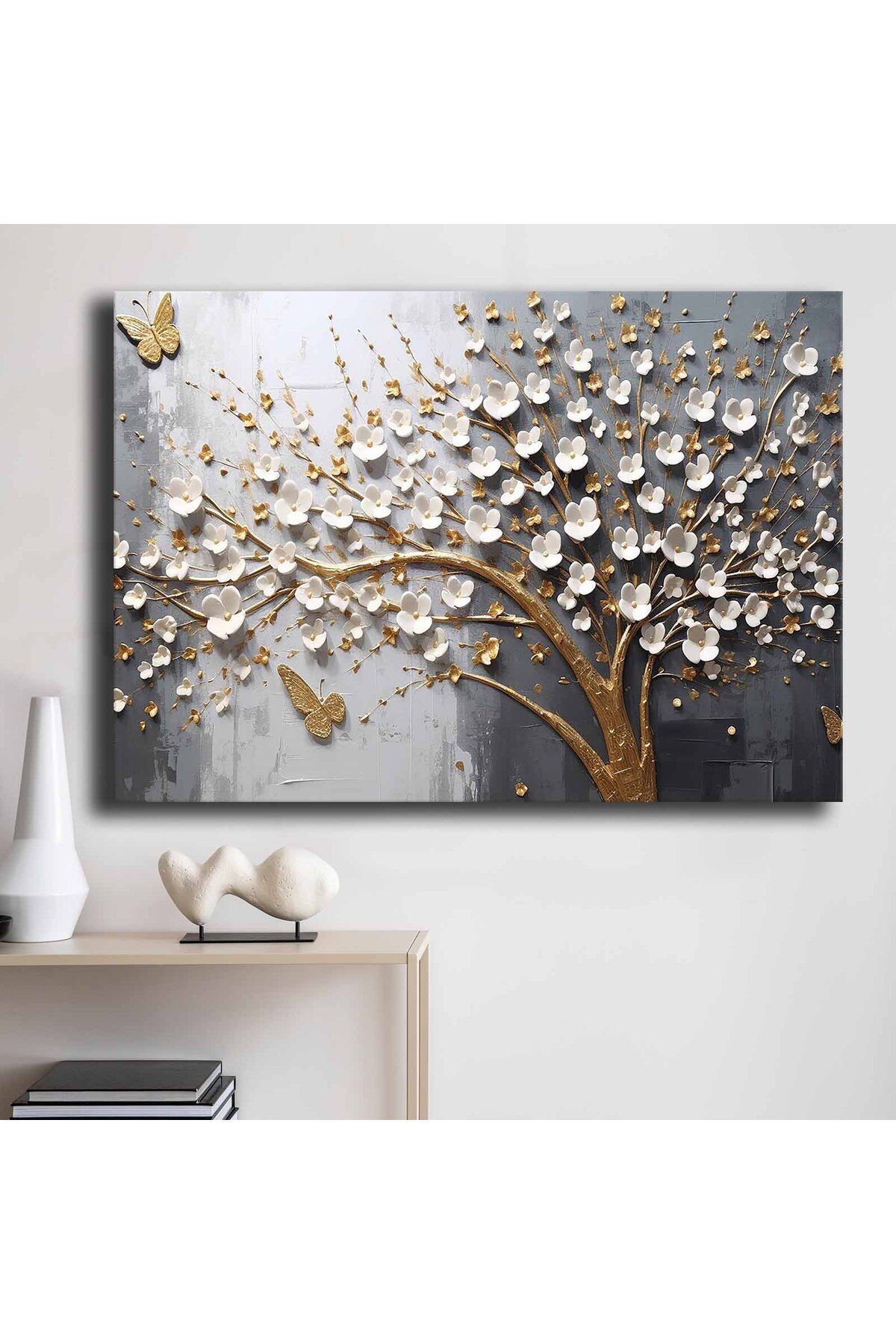 Özgül Grup 70x100 CANVAS TABLO ALTIN AĞAÇ DALLARI VE İNCİLİ ÇİÇEKLER