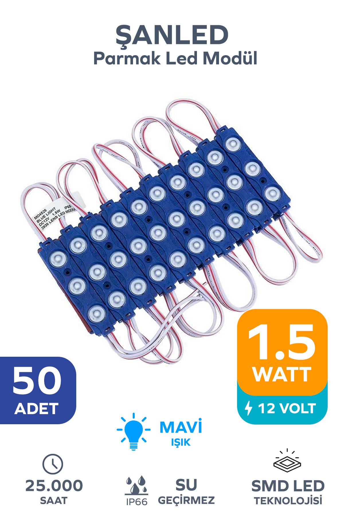 ŞANLED 3 Ledli Parmak Led Modül 1.5w 2835 Smd Mercekli Beyaz,gün Işığı,mavi,kırmızı,yeşil 12v-50 Adettir