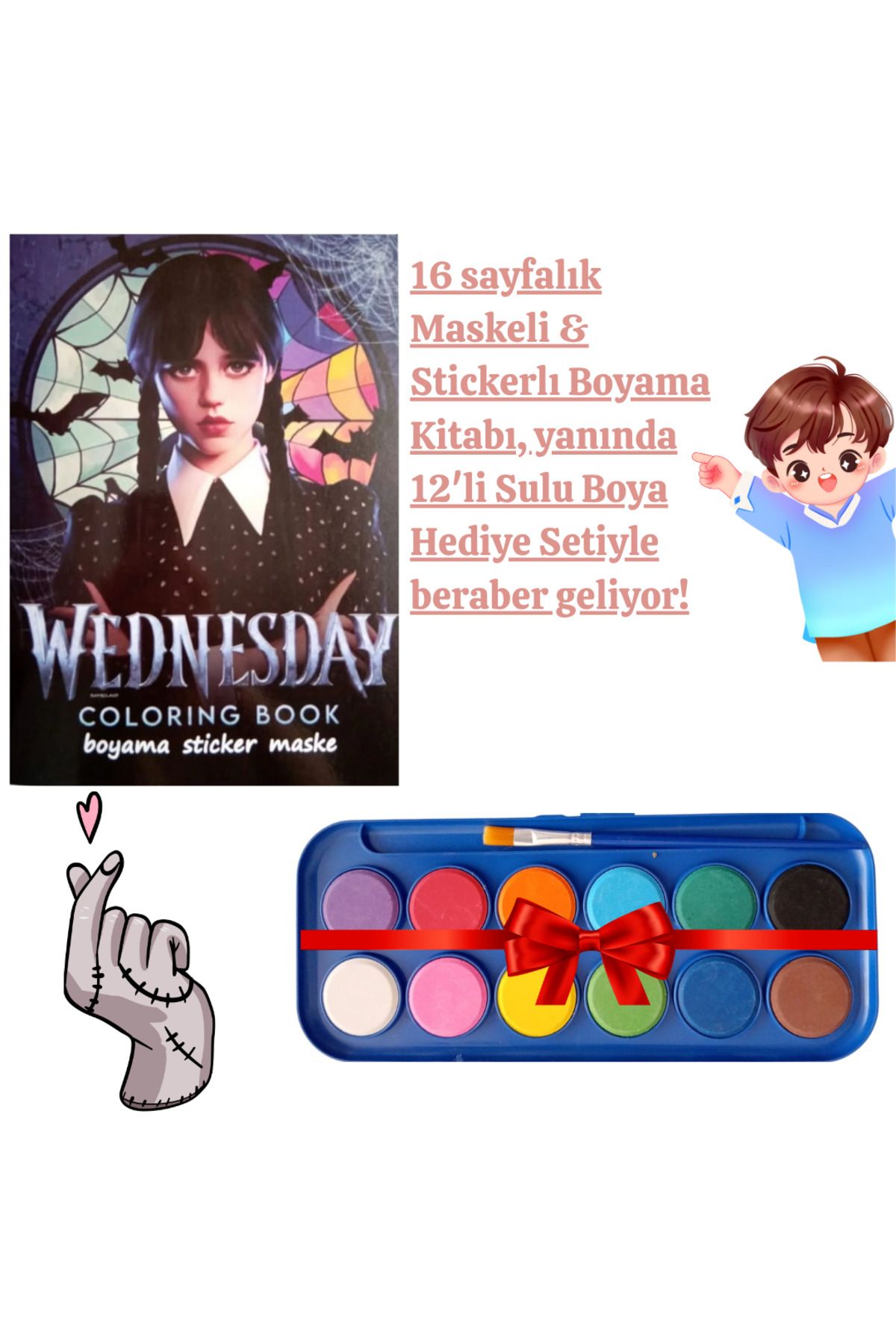 booddie Wednesday Boyama Kitabı Stickerlı (arka Kapak Kesilerek Maskeli ) 12'li Sulu Boya Seti