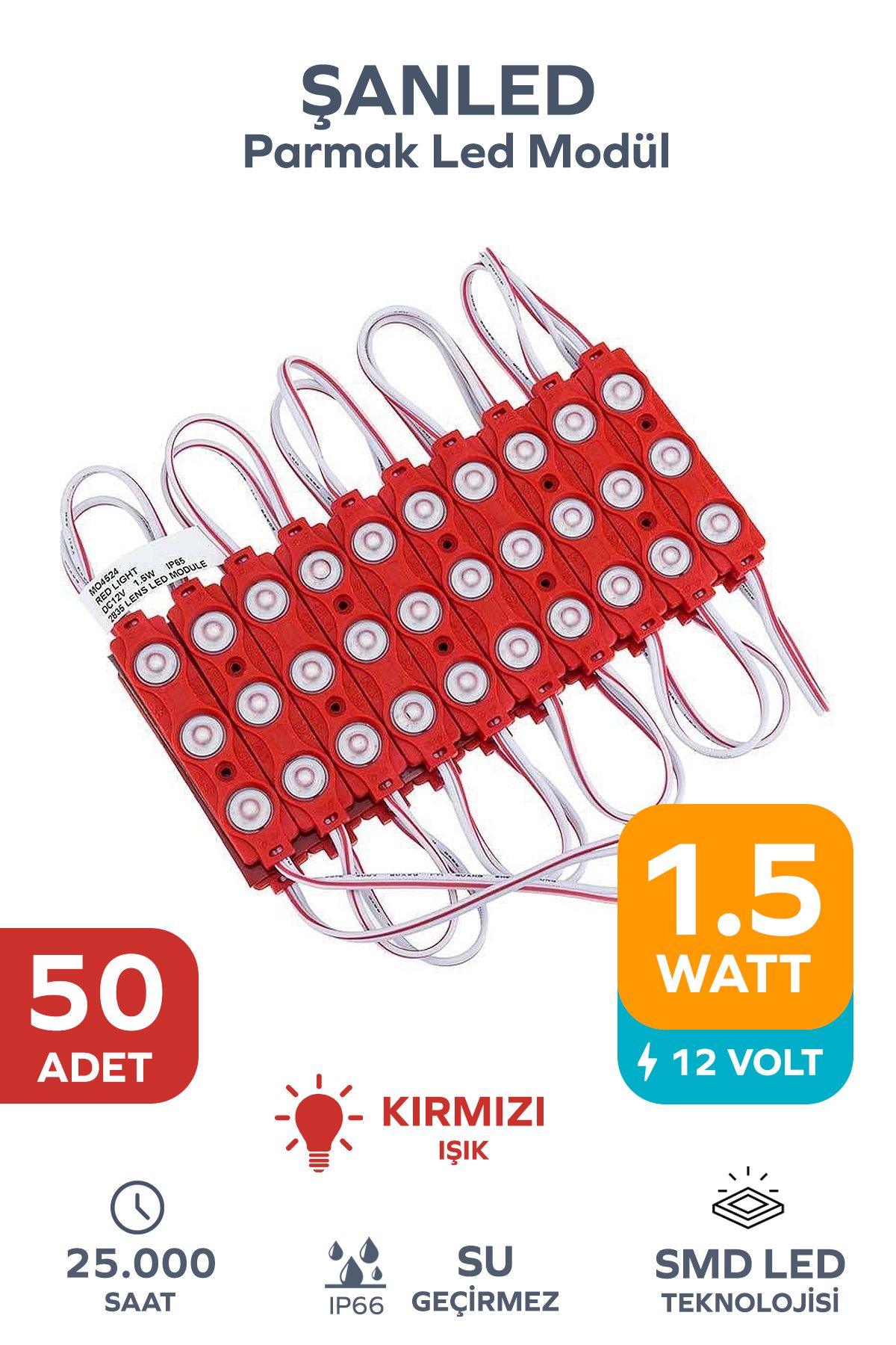 ŞANLED 3 Ledli Parmak Led Modül 1.5w 2835 Smd Mercekli Beyaz,gün Işığı,mavi,kırmızı,yeşil 12v-50 Adettir
