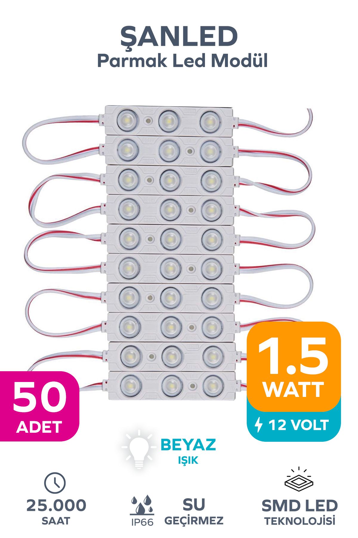 ŞANLED 3 Ledli Parmak Led Modül 1.5w 2835 Smd Mercekli Beyaz,gün Işığı,mavi,kırmızı,yeşil 12v-50 Adettir