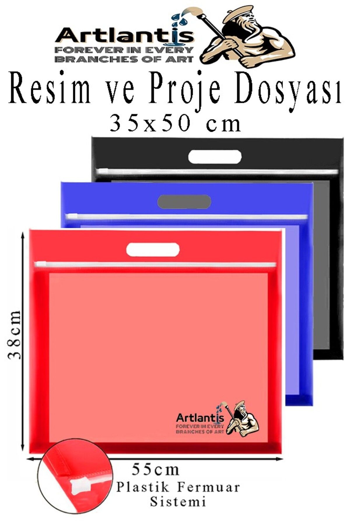 Artlantis Renkli Plastik Fermuarlı Proje Dosyası 35x50 cm 3 Adet Tutmaçlı 38x55 cm Resim ve Proje Ödev Dosyası