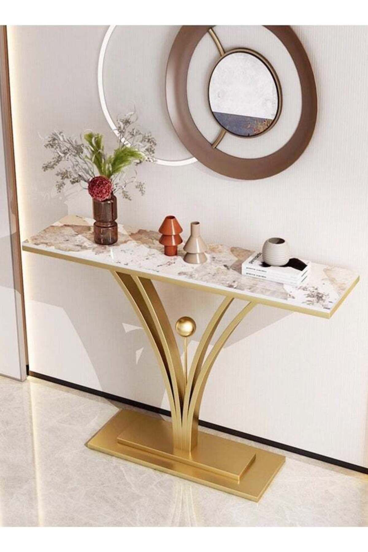 Raffine-طاولة وحدة التحكم بتصميم حديث من روك سلاب، طاولة مدخل من الحجر الأبيض المتكلس باللونين الأبيض والذهبي، بتصميم هندسي على شكل حرف L 1
