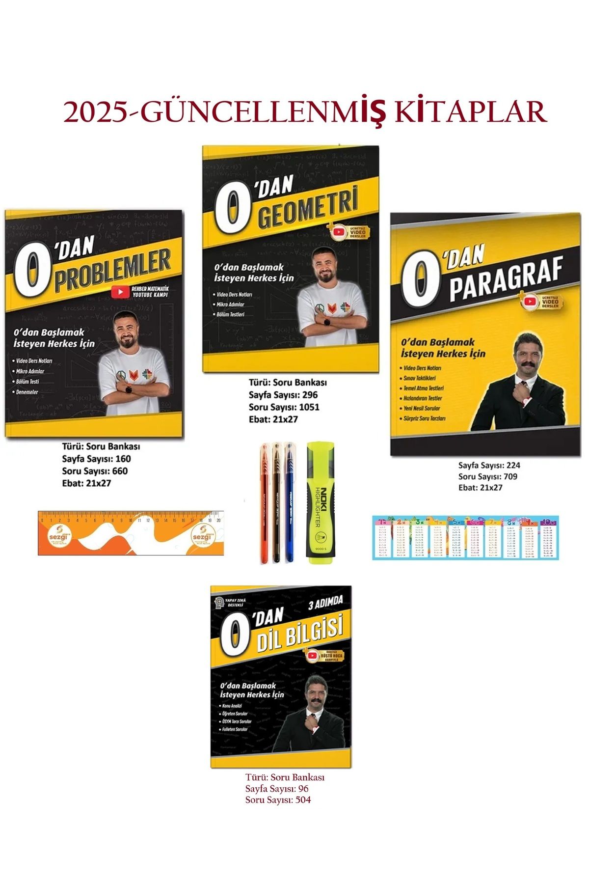 REHBER MATEMATİK YAYINLARI 0'dan Geometri-0'dan Pragraf-0'dan Problemler ve 0'dan Dil Bilgisi Seti+Sezgistore Ayraç+Fosforlu