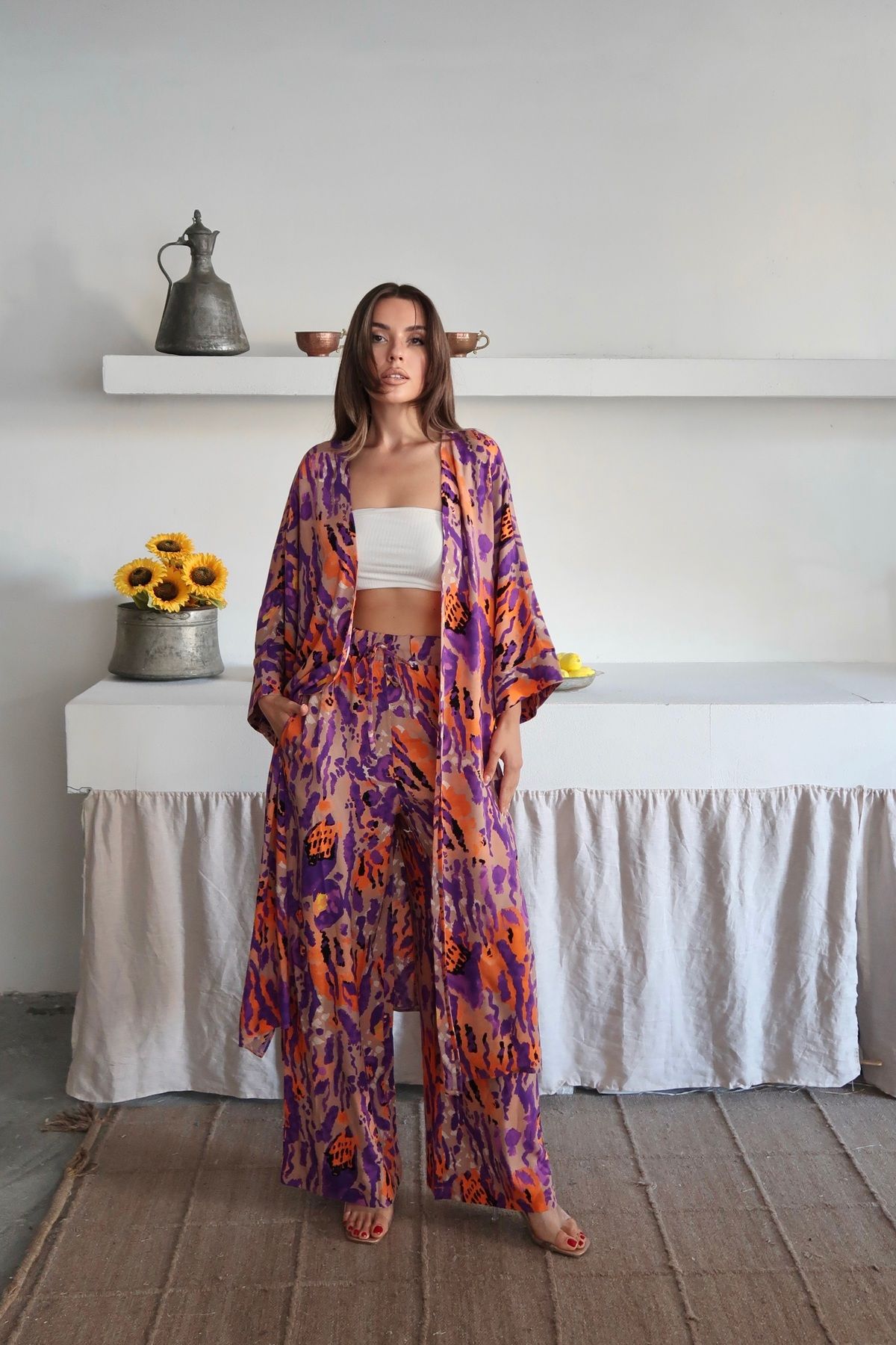 Paw Garage Kadın Desenli Kimono Pantolonlu Yazlık Takım