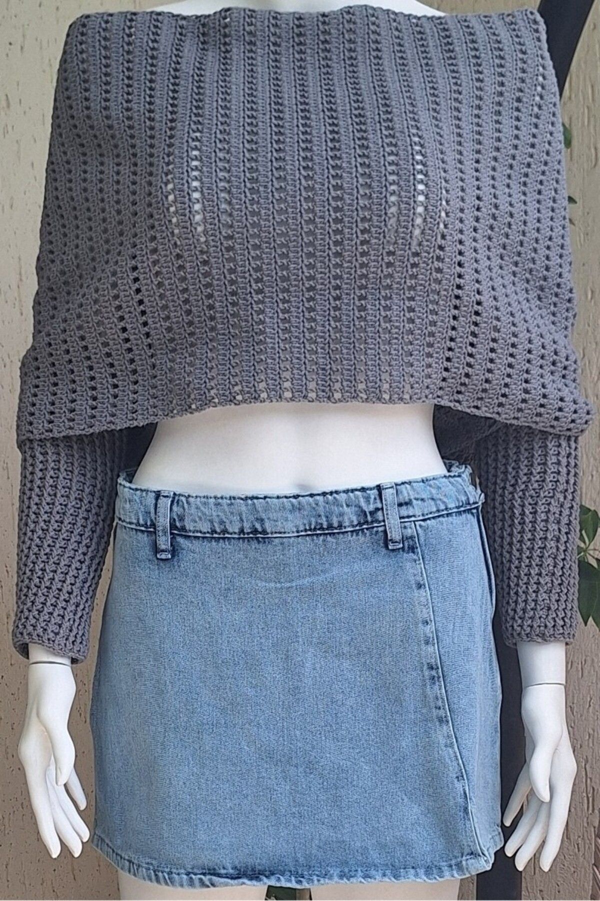 Butik Kadin Gri̇ Renk Pamuklu Koton İpten Hand Made El Örgüsü Uzun Kollu Şal Hirka