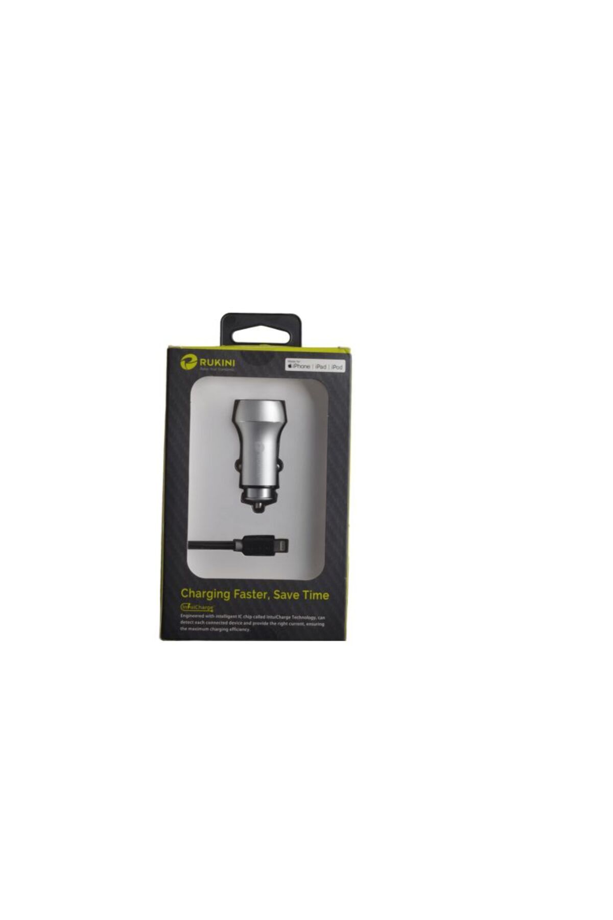 Rukini-Dual Output Fast Car Charger with Lightning Cable - 24W - Silver and Black - RC307-S 1
