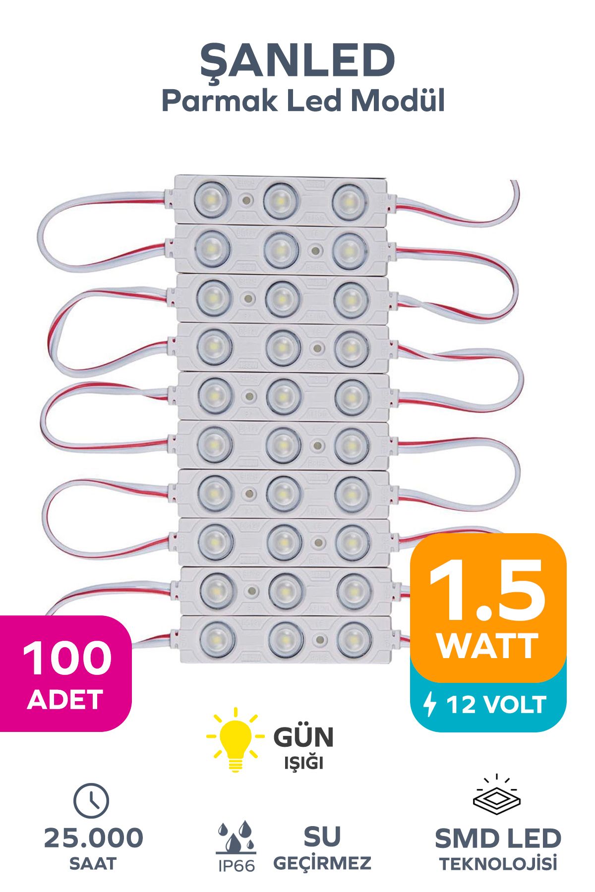 ŞANLED 3 Ledli Parmak Led Modül 1.5w 2835 Smd Mercekli Beyaz,gün Işığı,mavi,kırmızı,yeşil 12v-100 Adettir