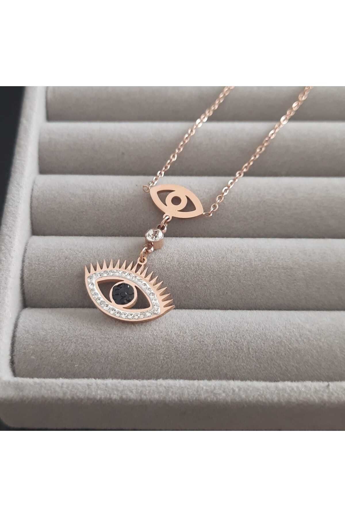 Betül Çekiç Çelik Rose Renk Taşlı Göz Detay Kadın Kolye