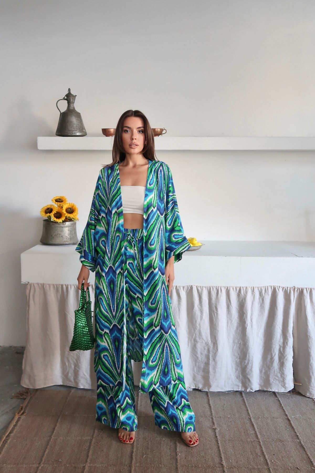 Paw Garage Kadın Desenli Kimono Pantolonlu Yazlık Takım