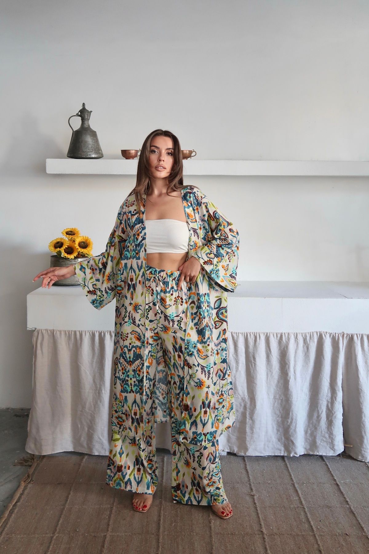 Paw Garage Kadın Desenli Kimono Pantolonlu Yazlık Takım