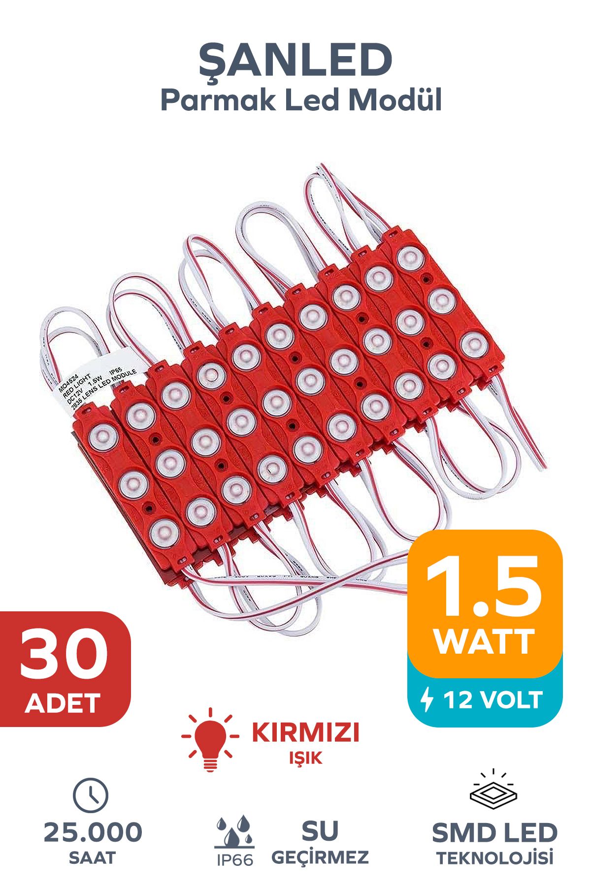 ŞANLED 3 Ledli Parmak Led Modül 1.5w 2835 Smd Mercekli Beyaz,gün Işığı,mavi,kırmızı,yeşil 12v-30 Adettir