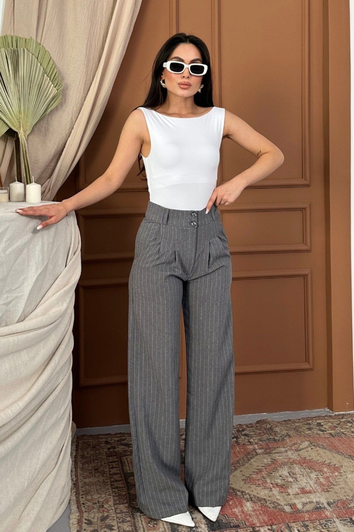 spirituel Kadın Pantolon Palazzo Çizgili Çift Düğme Detaylı Wide Leg Pantolon
