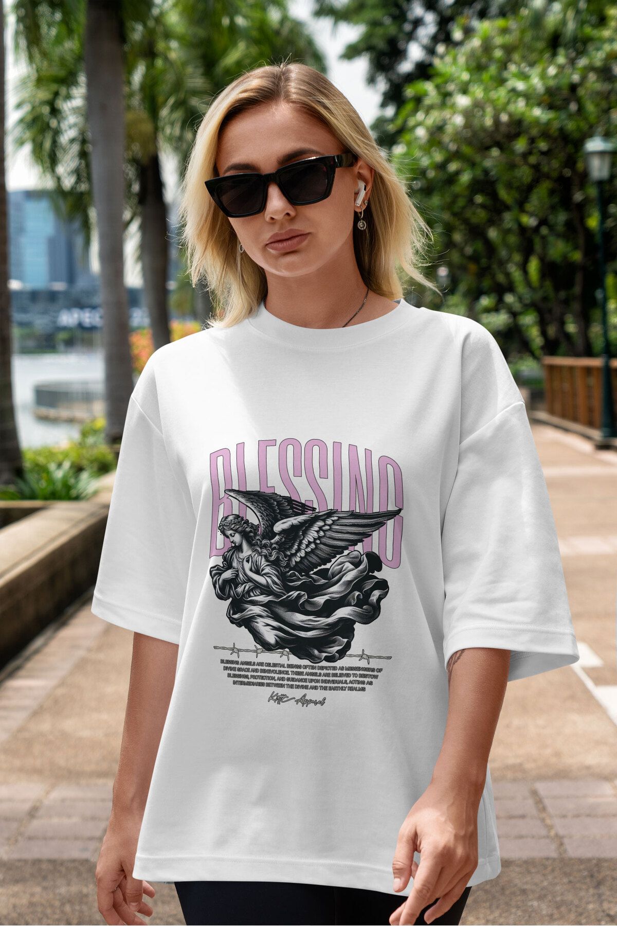 ELFAMİ Unisex Erkek/Kadın BLESSING Renkli Özel Baskılı Oversize Pamuklu Bisiklet Yaka T-Shirt Tişört