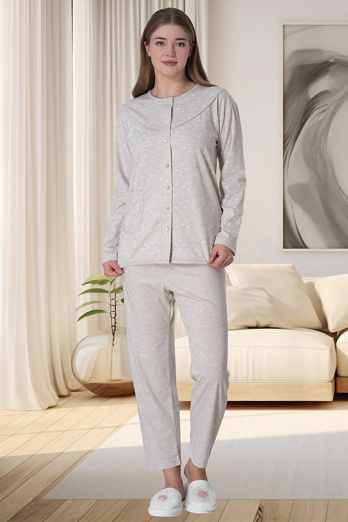By Mecit Pijama Kadın Uzun Kollu Büyük Beden Boydan Düğmeli Pijama Takımı
