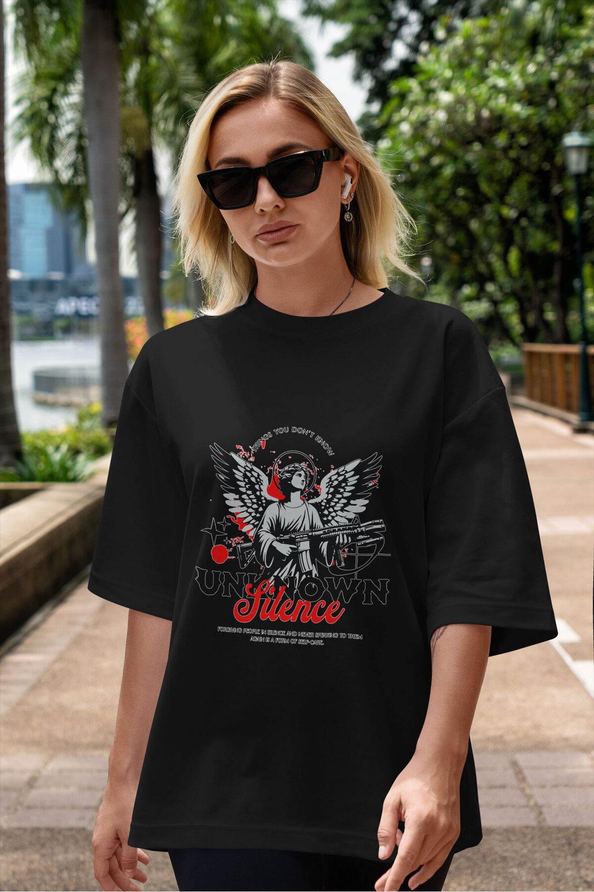 ELFAMİ Unisex Erkek/Kadın UNKNOWN SILENCE Özel Baskılı Oversize Pamuklu Bisiklet Yaka T-Shirt