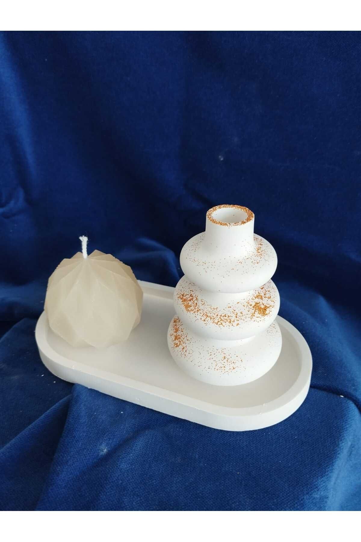 DecorWiz Dekoratif Tepsili Gold Simli Vazo + Mum Seti Beyaz