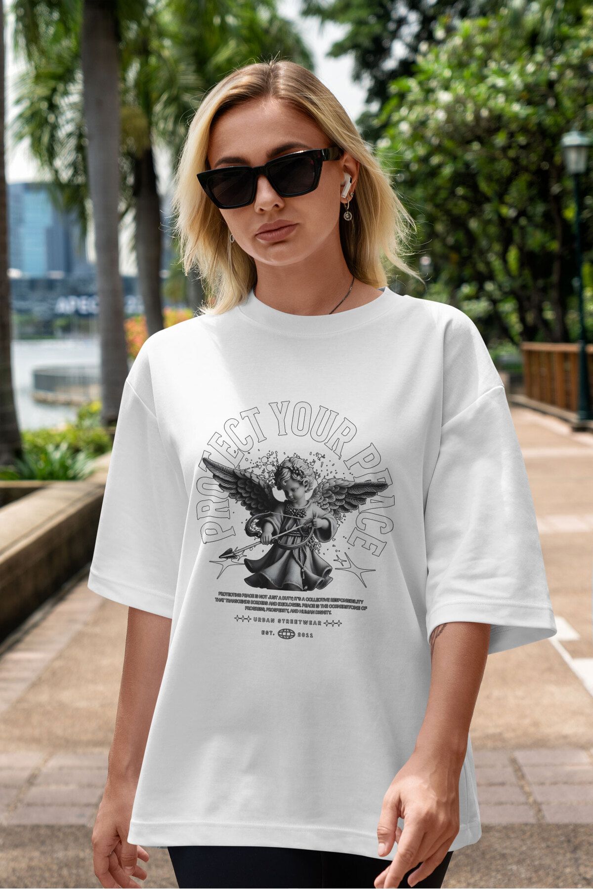 ELFAMİ Unisex Erkek/Kadın PROTECT YOUR PEACE Özel Baskılı Oversize Pamuklu Bisiklet Yaka T-Shirt