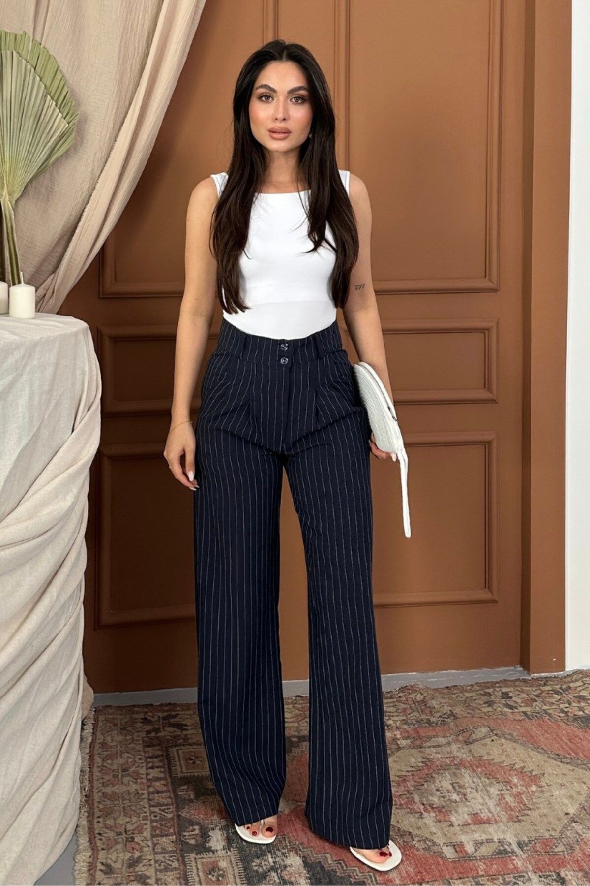 spirituel Kadın Pantolon Palazzo Çizgili Çift Düğme Detaylı Wide Leg Pantolon